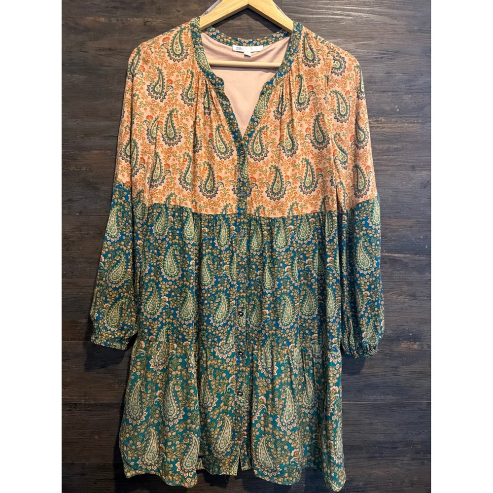 DR2 by Daniel Rainn Paisley Tiered Mini Dress Orange Teal Long Sleeve Small